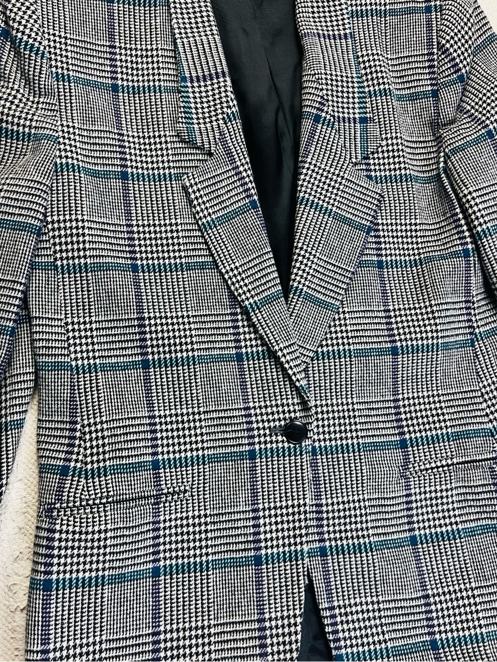 Vintage 90s Glen Plaid Boyfriend Blazer – Black, White & Teal – M/L - Picture 3 of 13